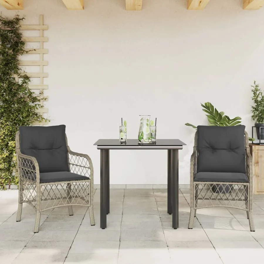 Ensemble de bistro 3 pcs et coussins gris clair résine tressée
