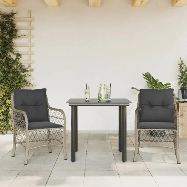 Ensemble de bistro 3 pcs et coussins gris clair résine tressée