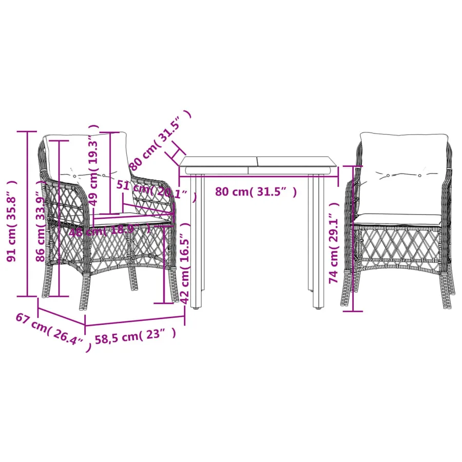 Ensemble de bistro 3 pcs et coussins gris clair résine tressée - 7