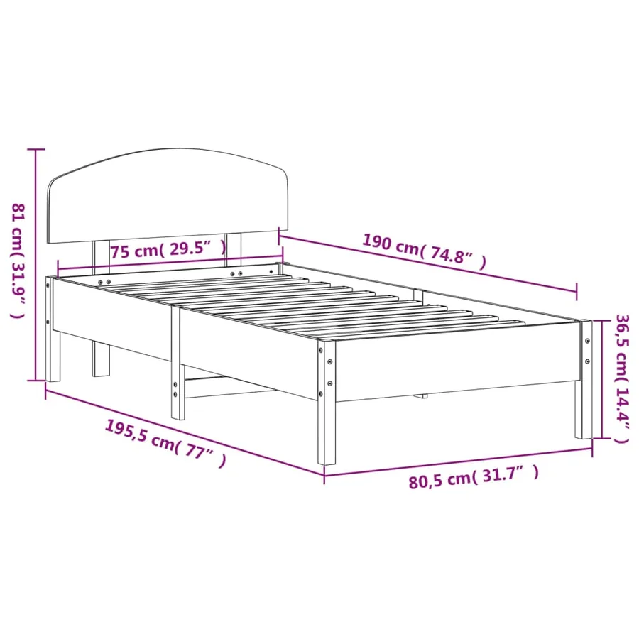 Cadre de lit sans matelas 75x190 cm bois de pin massif - 9