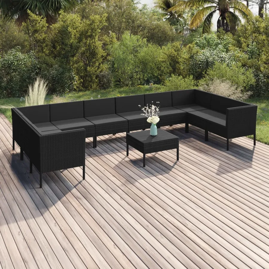 Salon de jardin 11 pcs avec coussins Résine tressée Noir