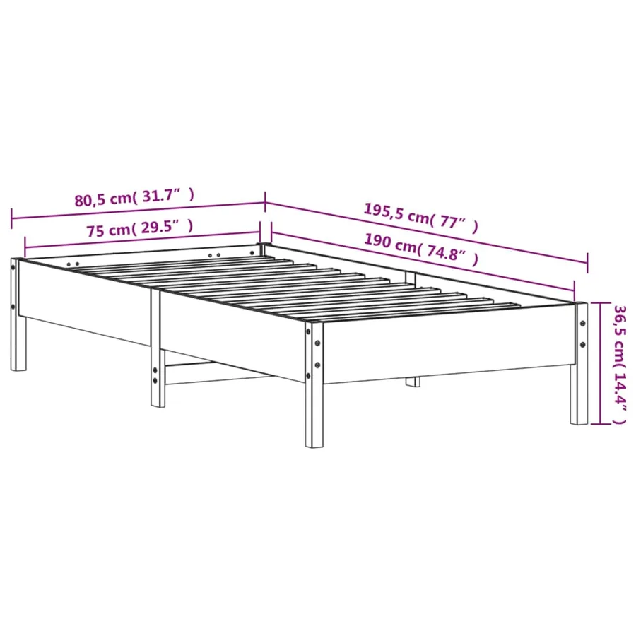 Cadre de lit sans matelas 75x190 cm bois de pin massif - 9