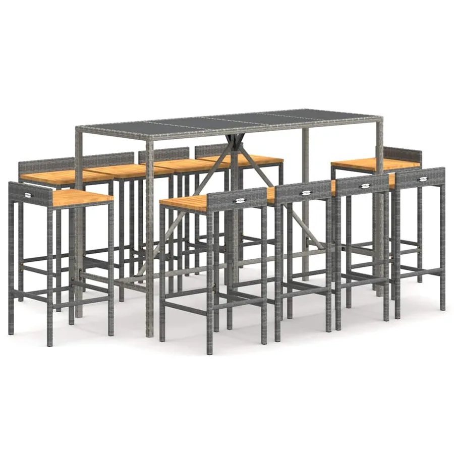 Ensemble de bar jardin 11pcs gris poly rotin/bois massif acacia - 2