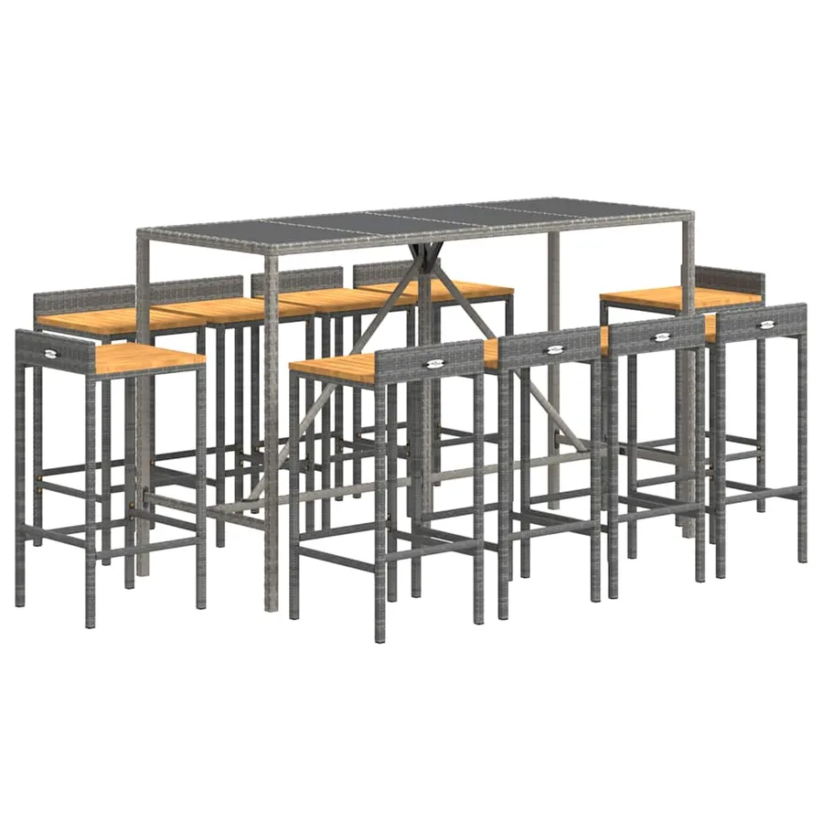 Ensemble de bar jardin 11pcs gris poly rotin/bois massif acacia - 3