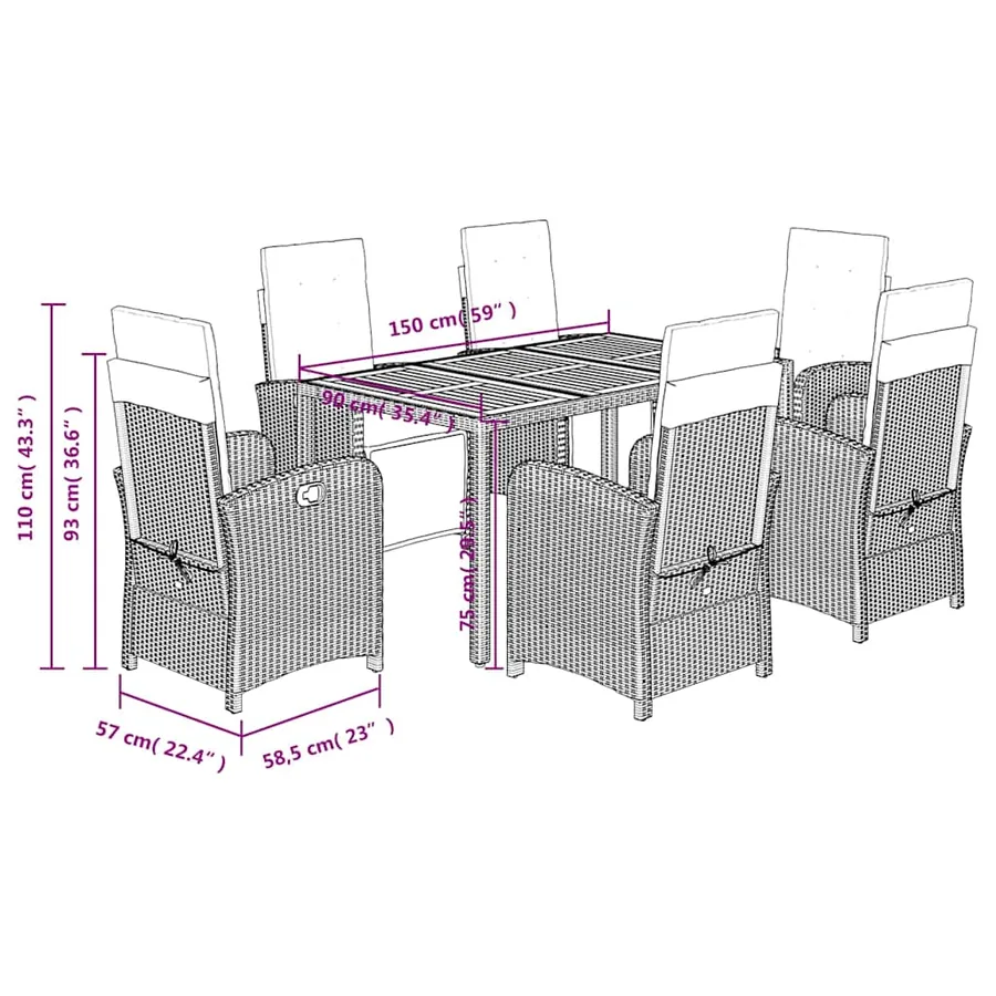 Ensemble à manger de jardin et coussins 7 pcs gris rotin - 9