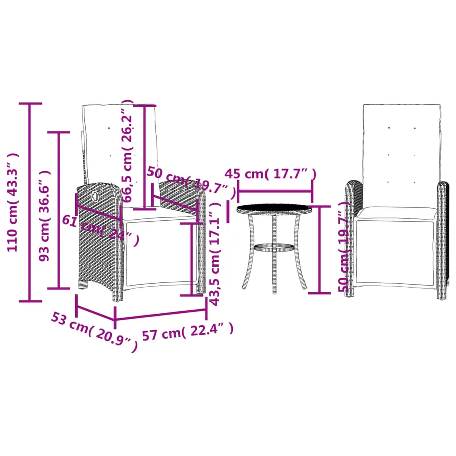 Ensemble de bistro 3 pcs avec coussins gris résine tressée - 15