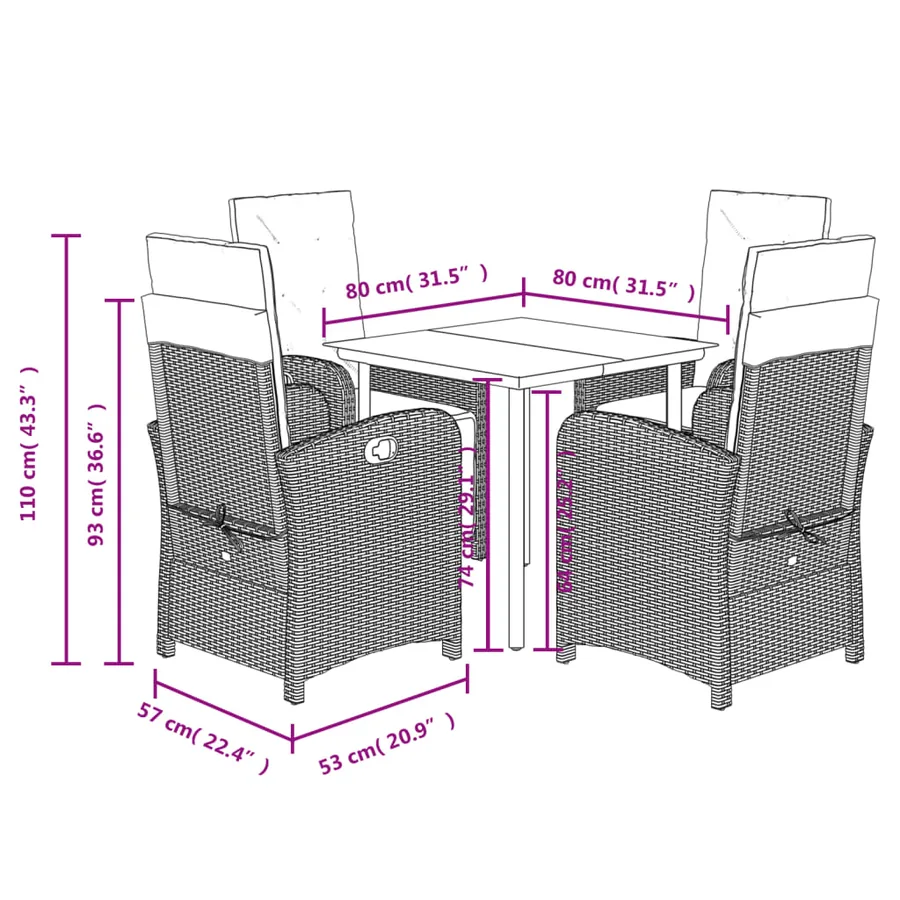 Ensemble à manger de jardin 5 pcs et coussins marron poly rotin - 9