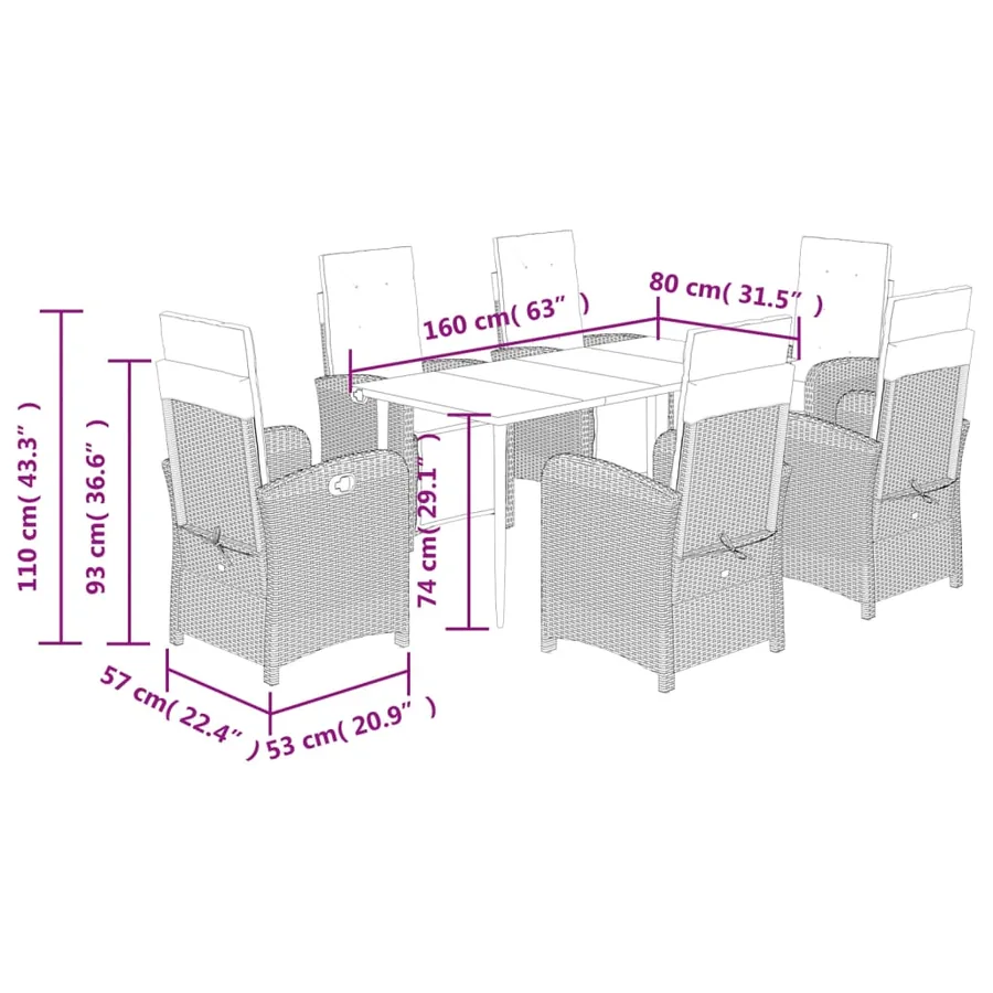 Ensemble à manger de jardin et coussins 7 pcs gris clair rotin - 9