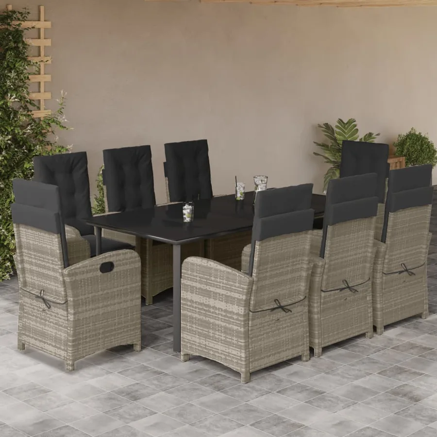 Ensemble à manger de jardin et coussins 9 pcs gris clair rotin