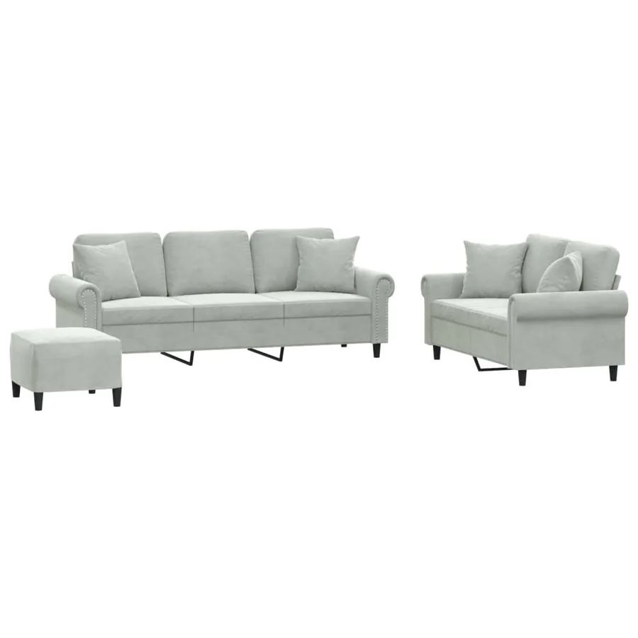 Ensemble de canapés 3 pcs avec coussins gris clair velours - 2