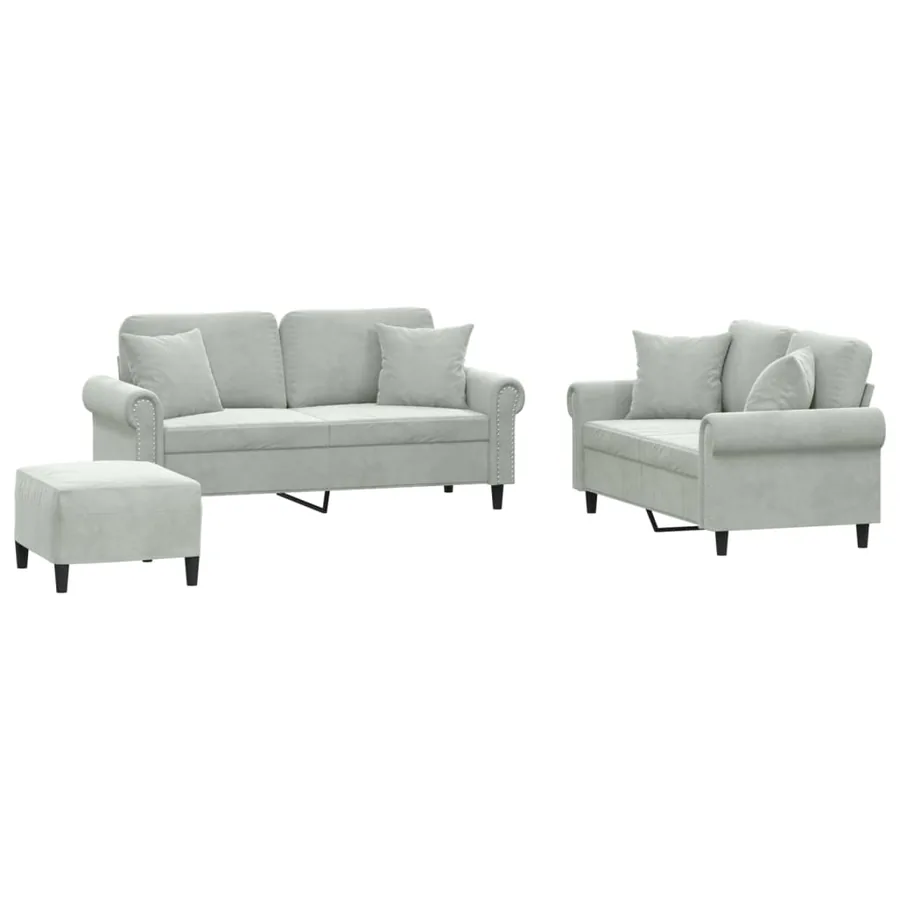 Ensemble de canapés 3 pcs avec coussins gris clair velours - 2
