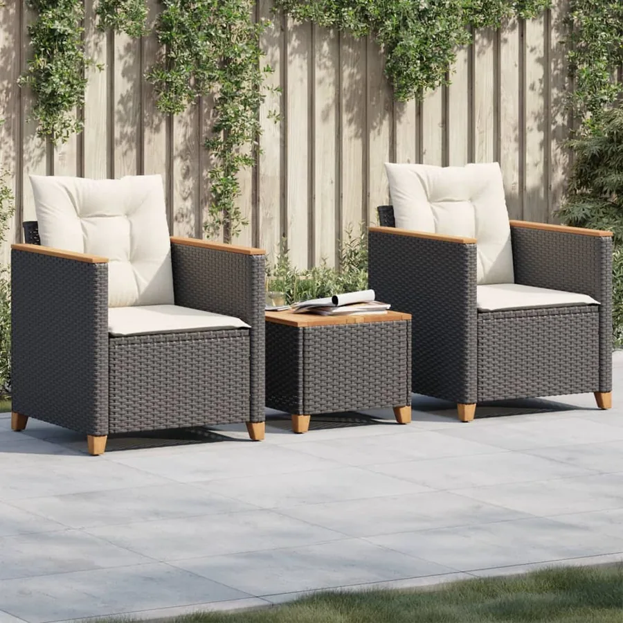 Ensemble de bistro 3 pcs et coussins noir résine tressée acacia