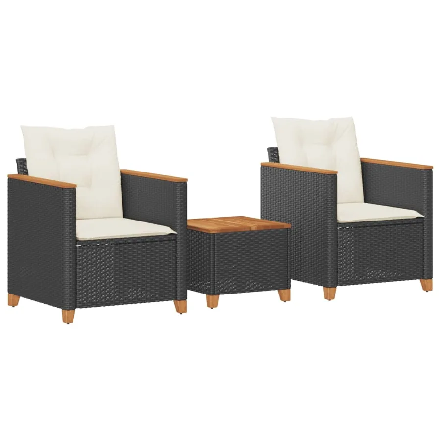 Ensemble de bistro 3 pcs et coussins noir résine tressée acacia - 2