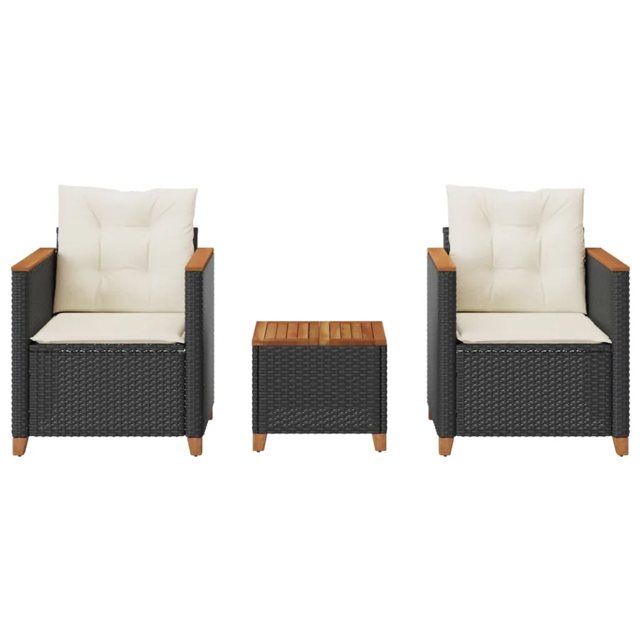 Ensemble de bistro 3 pcs et coussins noir résine tressée acacia - 3