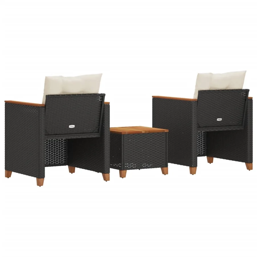 Ensemble de bistro 3 pcs et coussins noir résine tressée acacia - 5