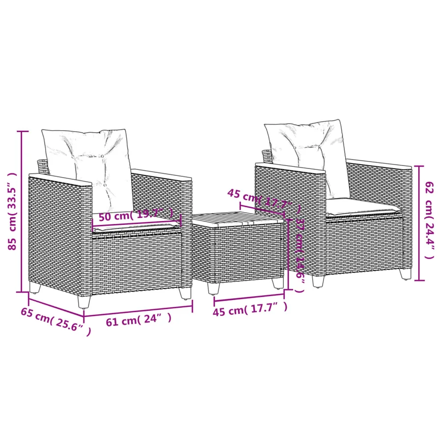 Ensemble de bistro 3 pcs et coussins noir résine tressée acacia - 8