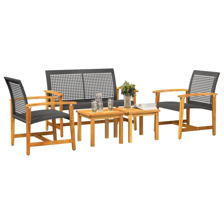 Salon de jardin 5 pcs noir résine tressée et bois d'acacia - 3