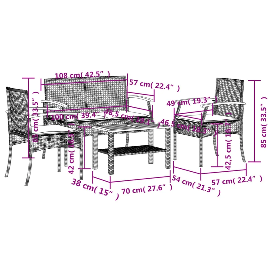 Salon de jardin avec coussins 4 pcs beige résine tressée - 15