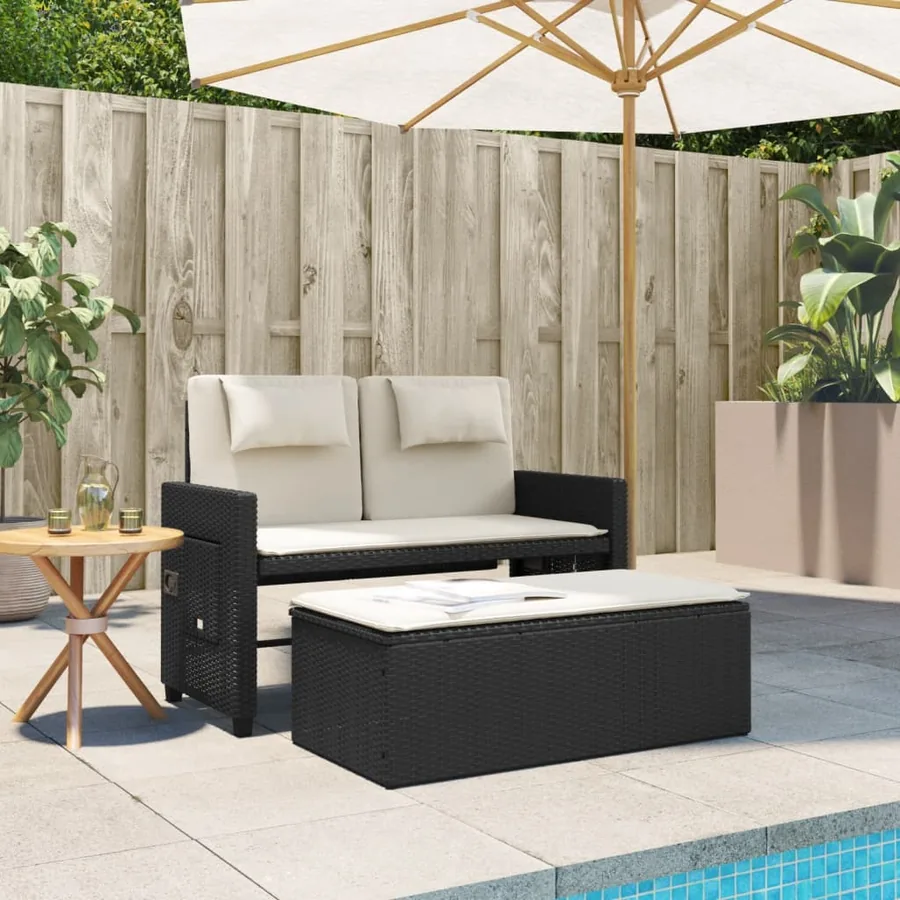 Banc inclinable de jardin avec coussins noir résine tressée - 3