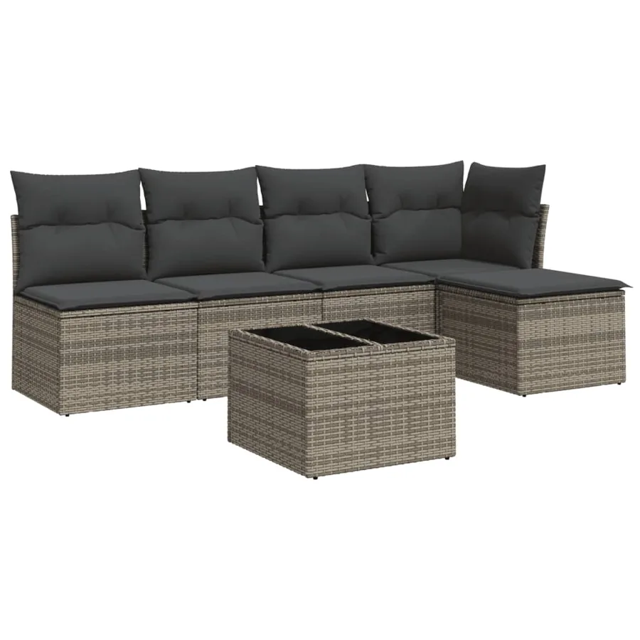 Salon de jardin 6 pcs avec coussins gris résine tressée - 2