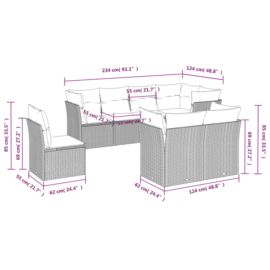 Salon de jardin 8 pcs avec coussins gris résine tressée - 3