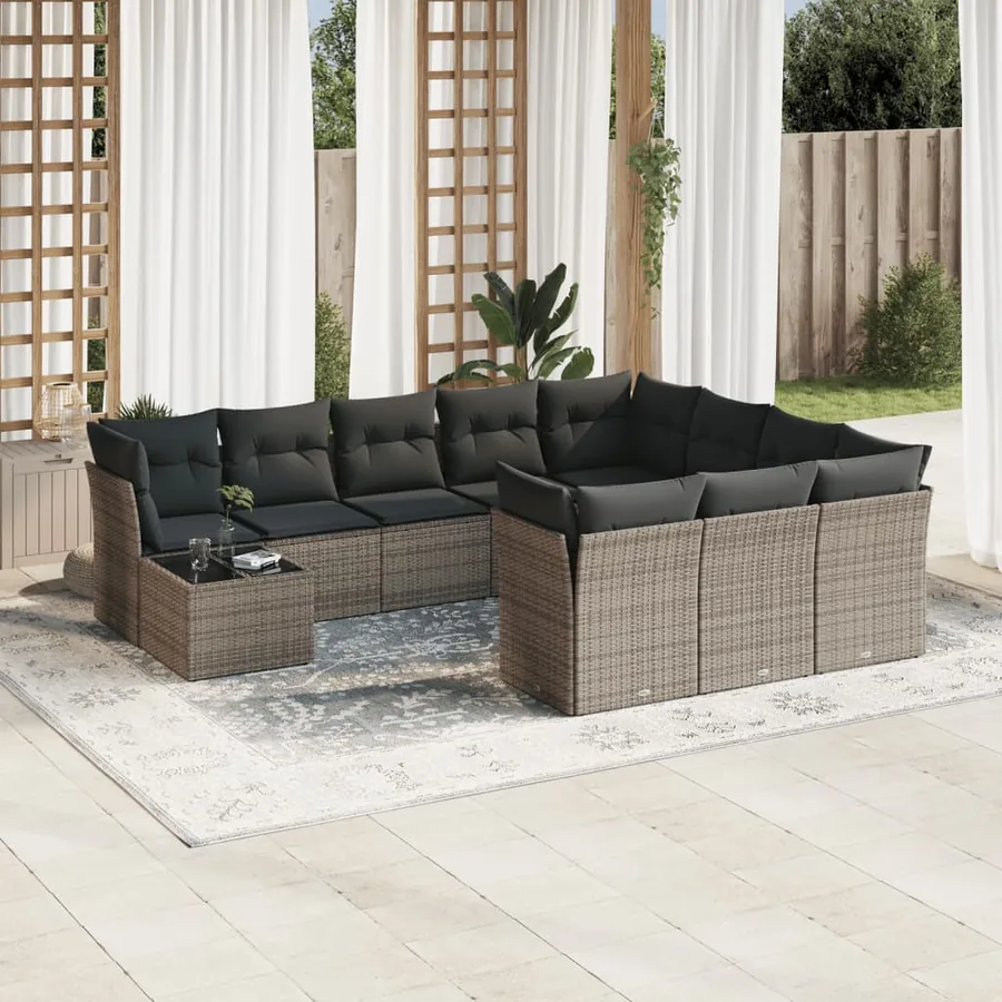 Salon de jardin 11 pcs avec coussins gris résine tressée