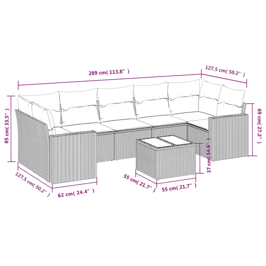 Salon de jardin 8 pcs avec coussins gris résine tressée - 3