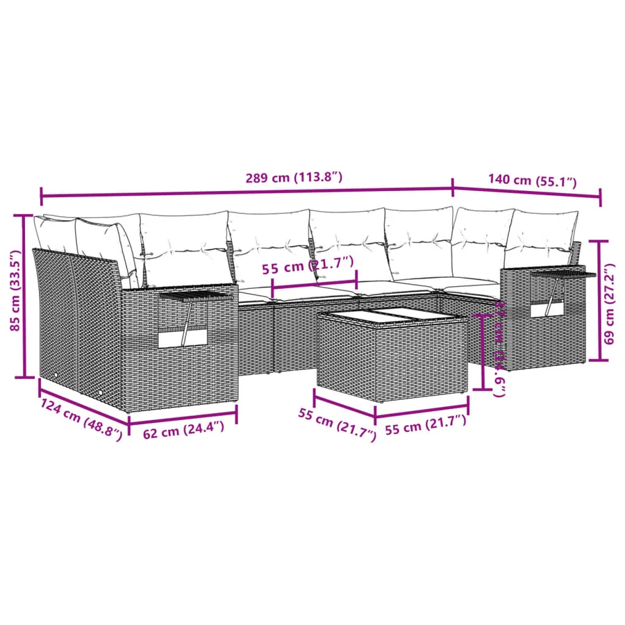 Salon de jardin 8 pcs avec coussins gris résine tressée - 3