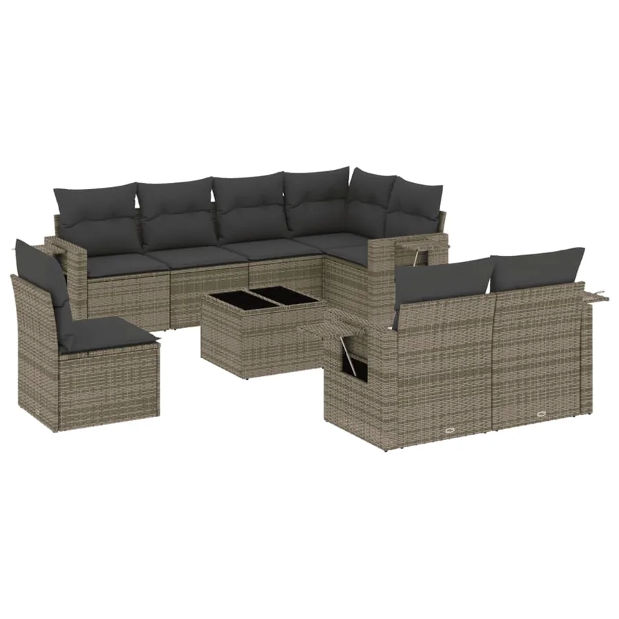 Salon de jardin 9 pcs avec coussins gris résine tressée - 2