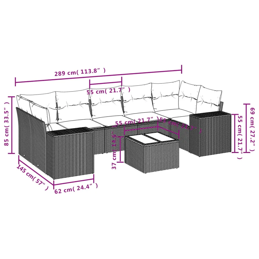 Salon de jardin 8 pcs avec coussins gris résine tressée - 3