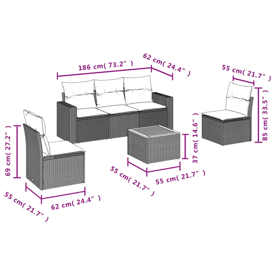 Salon de jardin 6 pcs avec coussins gris résine tressée - 10
