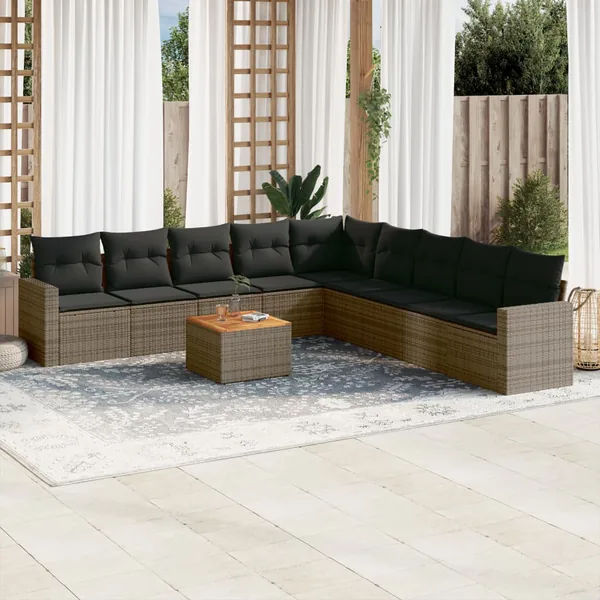 Salon de jardin avec coussins 10 pcs gris résine tressée