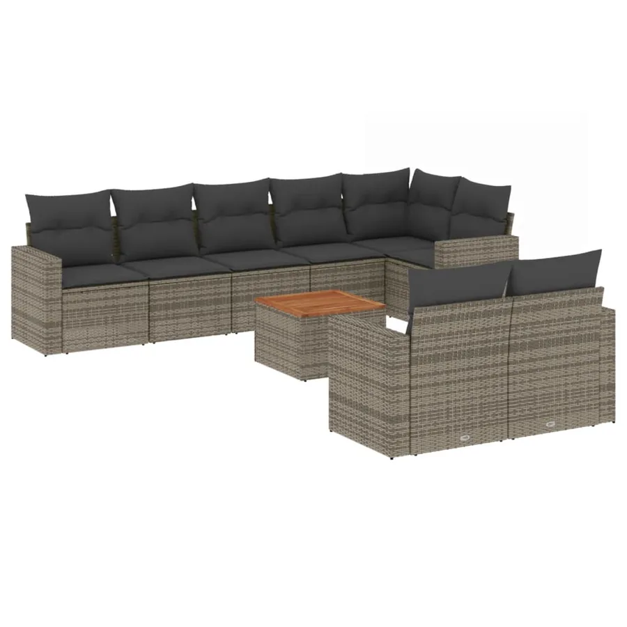 Salon de jardin 9 pcs avec coussins gris résine tressée - 2