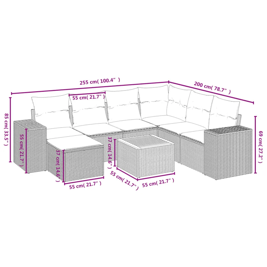 Salon de jardin 8 pcs avec coussins gris résine tressée - 3