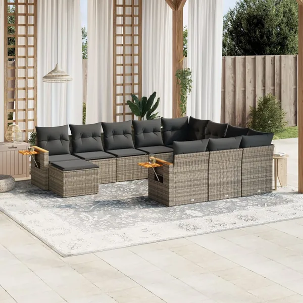 Salon de jardin 11 pcs avec coussins gris résine tressée