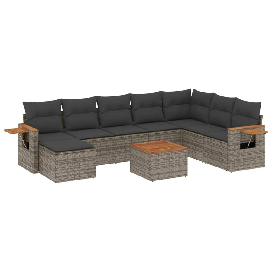 Salon de jardin 9 pcs avec coussins gris résine tressée - 2