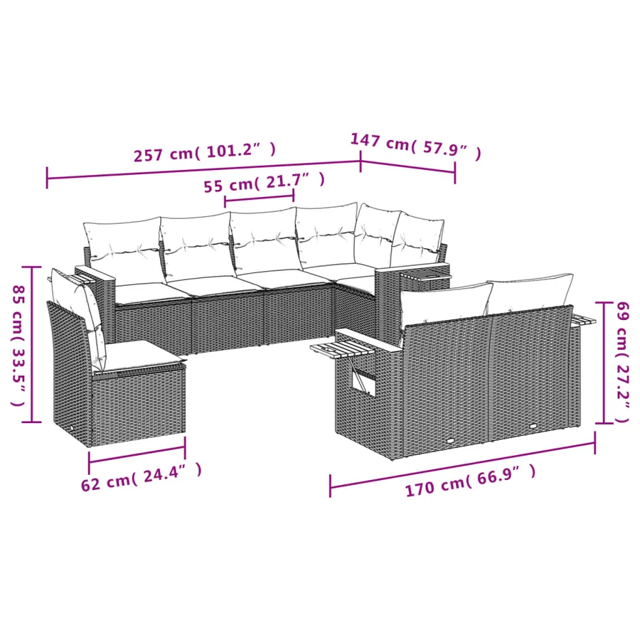 Salon de jardin 8 pcs avec coussins gris résine tressée - 3