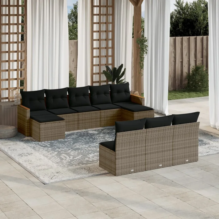 Salon de jardin avec coussins 10 pcs gris résine tressée