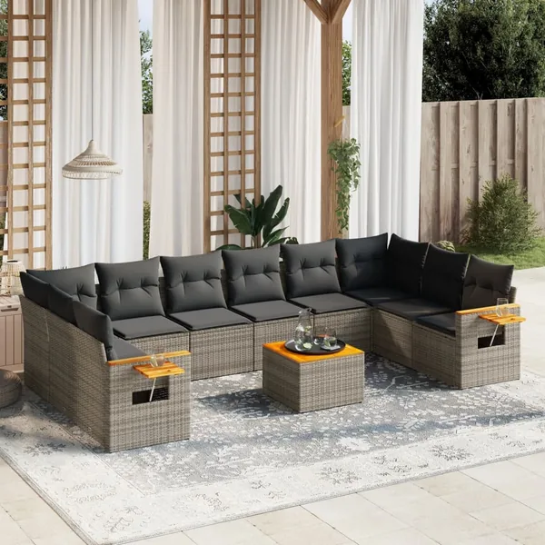 Salon de jardin 11 pcs avec coussins gris résine tressée
