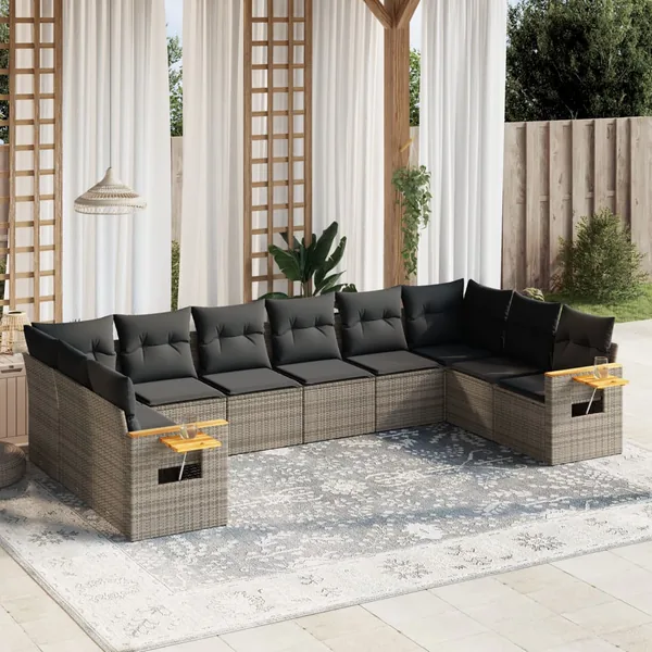 Salon de jardin avec coussins 10 pcs gris résine tressée