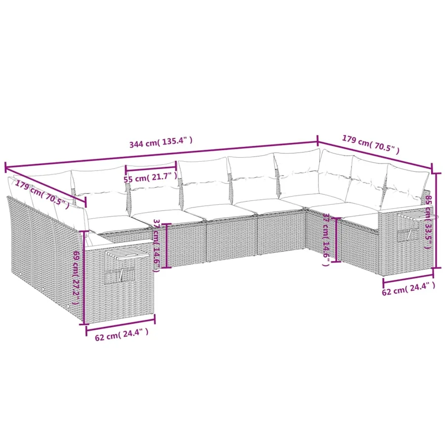 Salon de jardin avec coussins 10 pcs gris résine tressée - 3