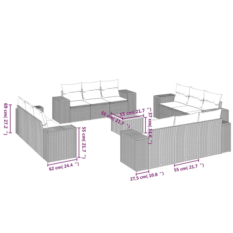 Salon de jardin avec coussins 13 pcs gris résine tressée - 3