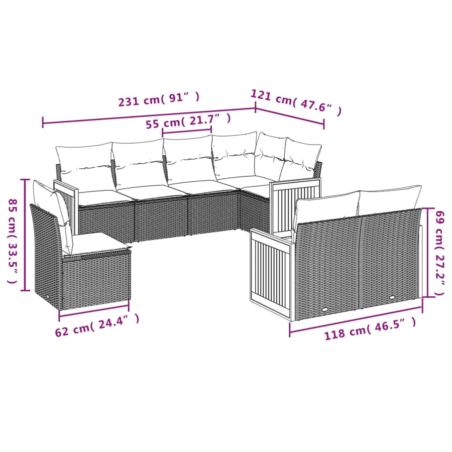 Salon de jardin 8 pcs avec coussins gris résine tressée - 3