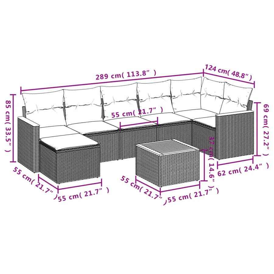 Salon de jardin 8 pcs avec coussins gris résine tressée - 3