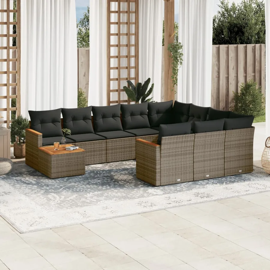 Salon de jardin 11 pcs avec coussins gris résine tressée