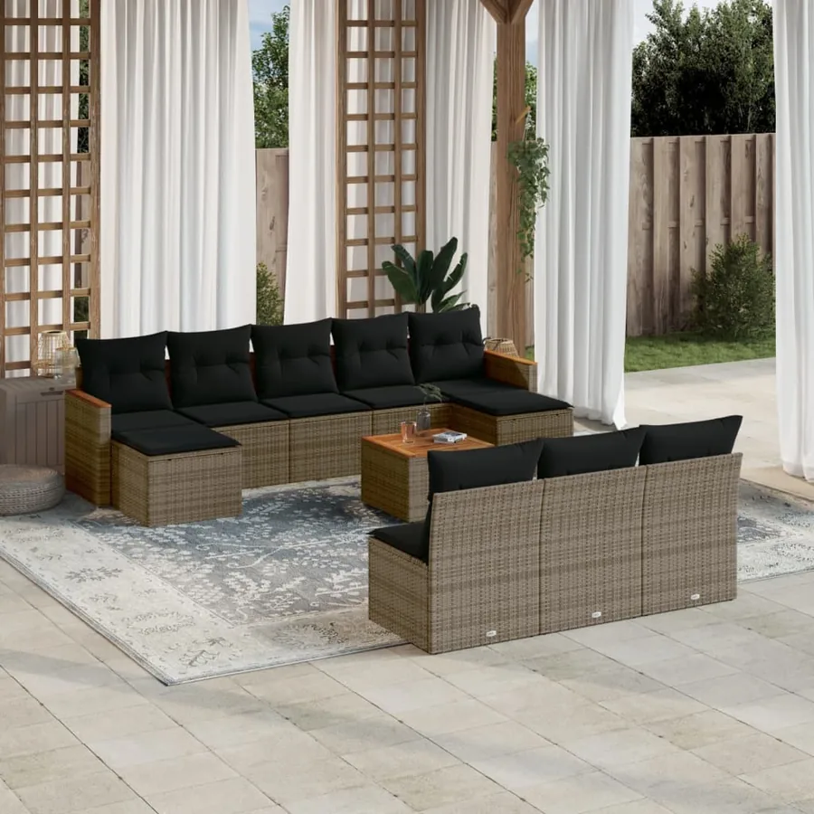 Salon de jardin 11 pcs avec coussins gris résine tressée