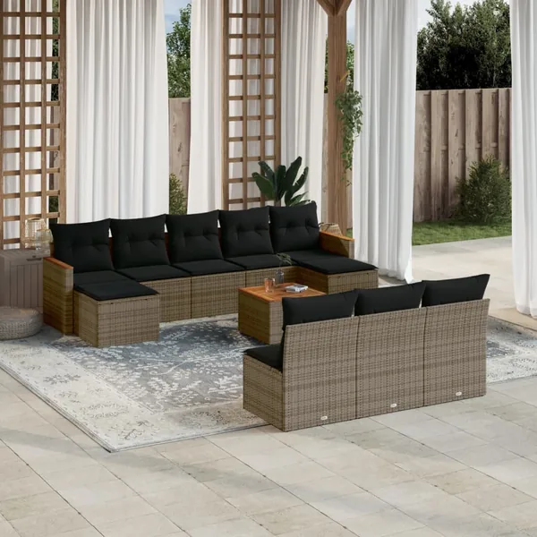 Salon de jardin 11 pcs avec coussins gris résine tressée