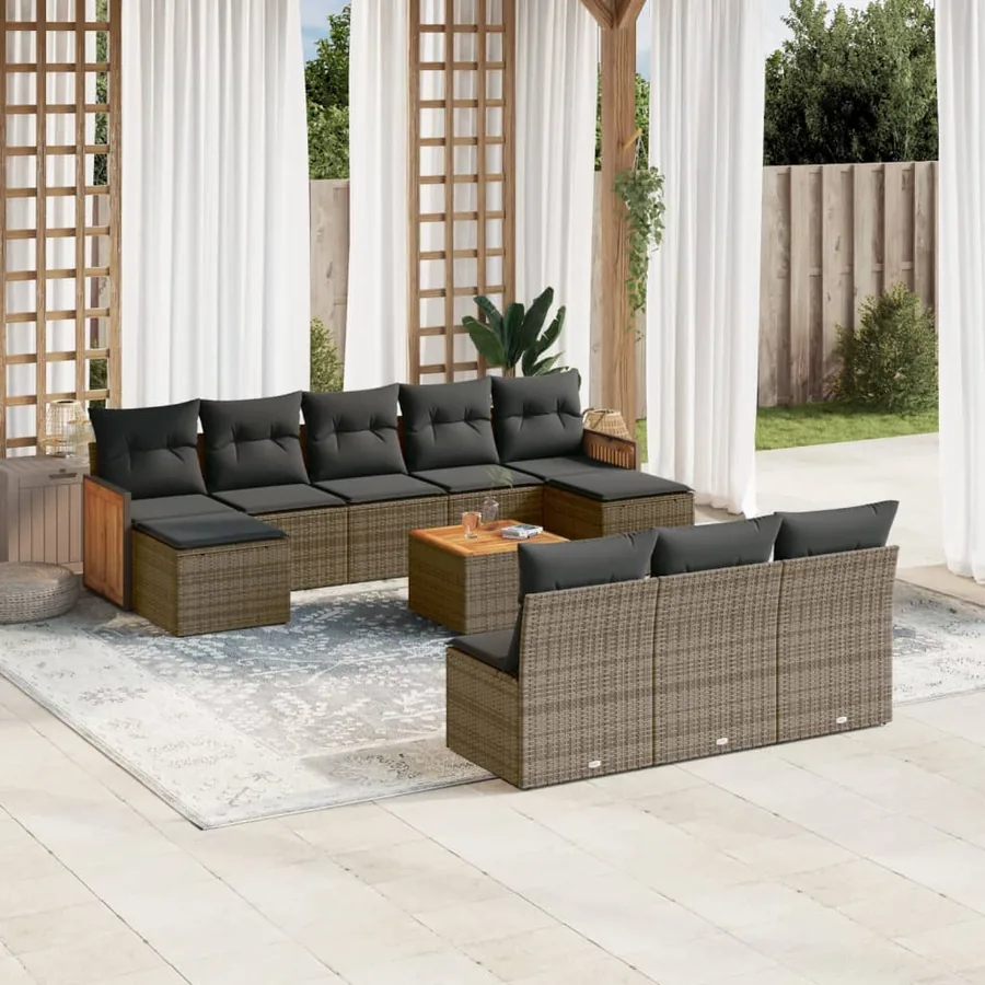 Salon de jardin 11 pcs avec coussins gris résine tressée