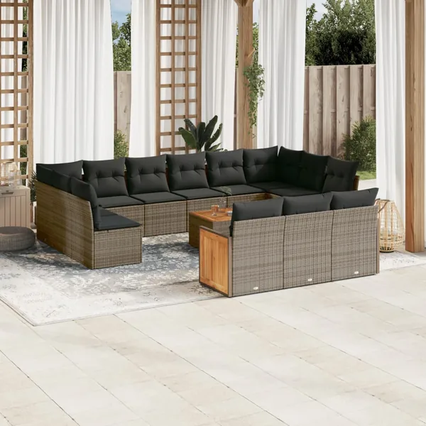 Salon de jardin avec coussins 14 pcs gris résine tressée