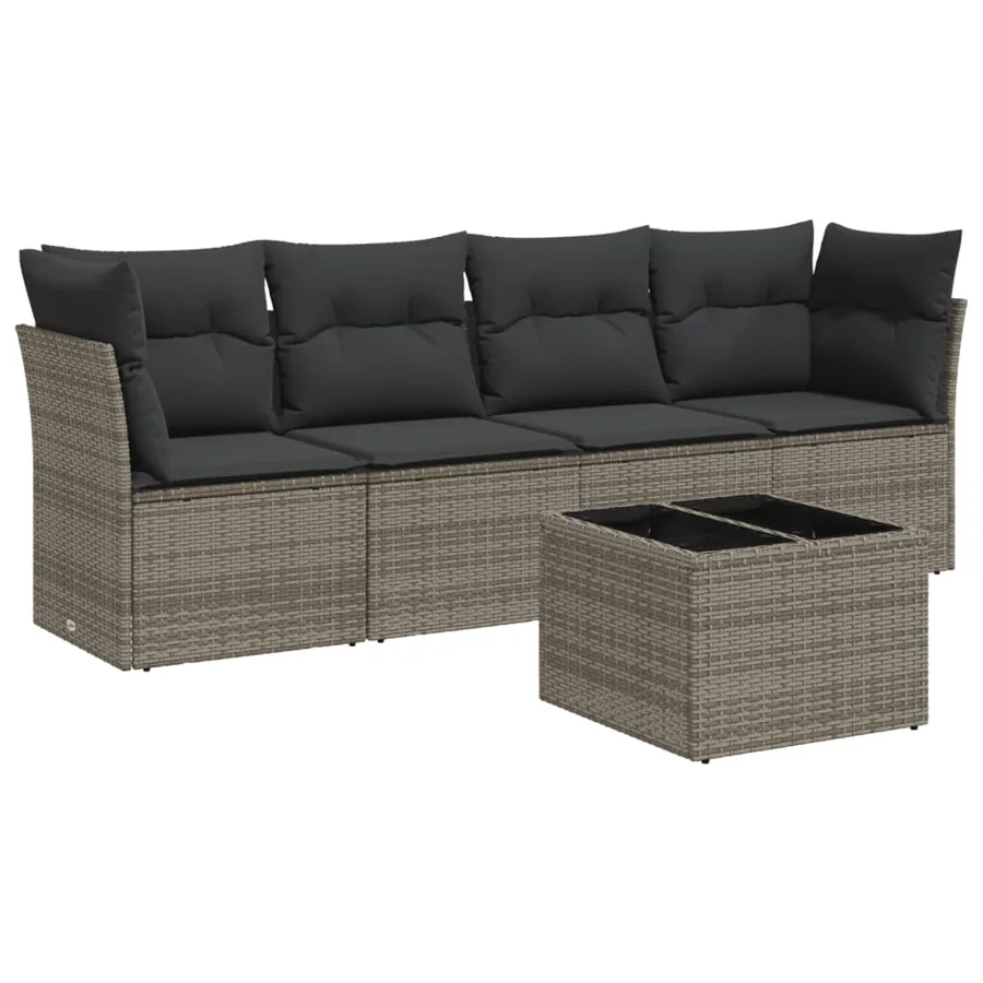 Salon de jardin 5 pcs avec coussins gris résine tressée - 2